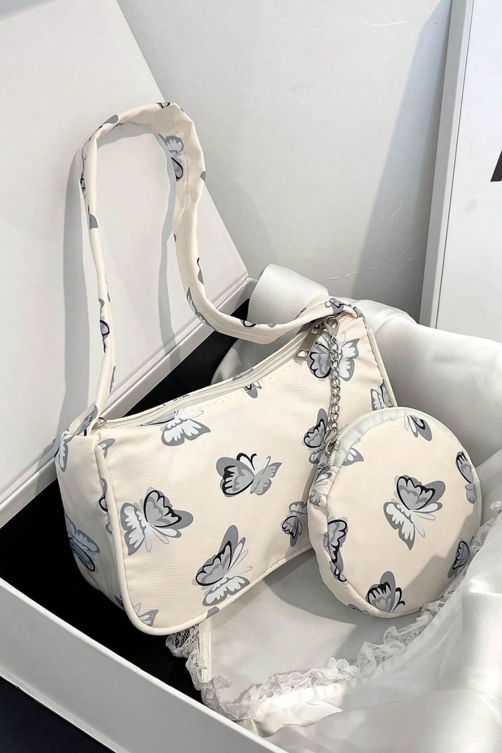 Butterfly Print Shoulder Bag with Purse