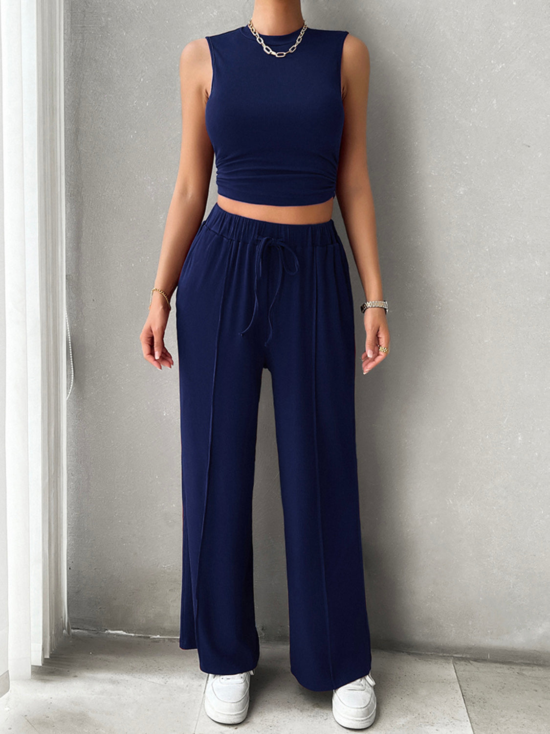 Mock Neck Sleeveless Top and Drawstring Pants Set