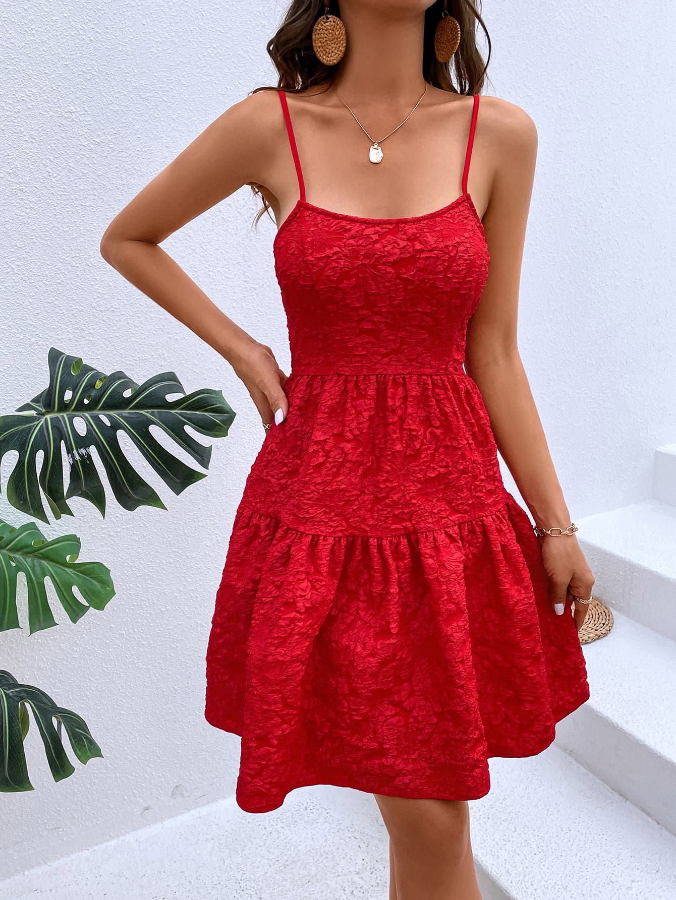 Textured Spaghetti Strap Cutout Dress