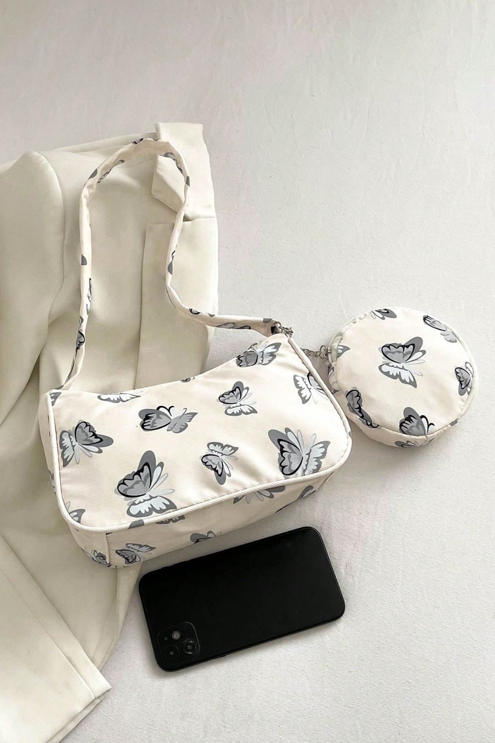 Butterfly Print Shoulder Bag with Purse