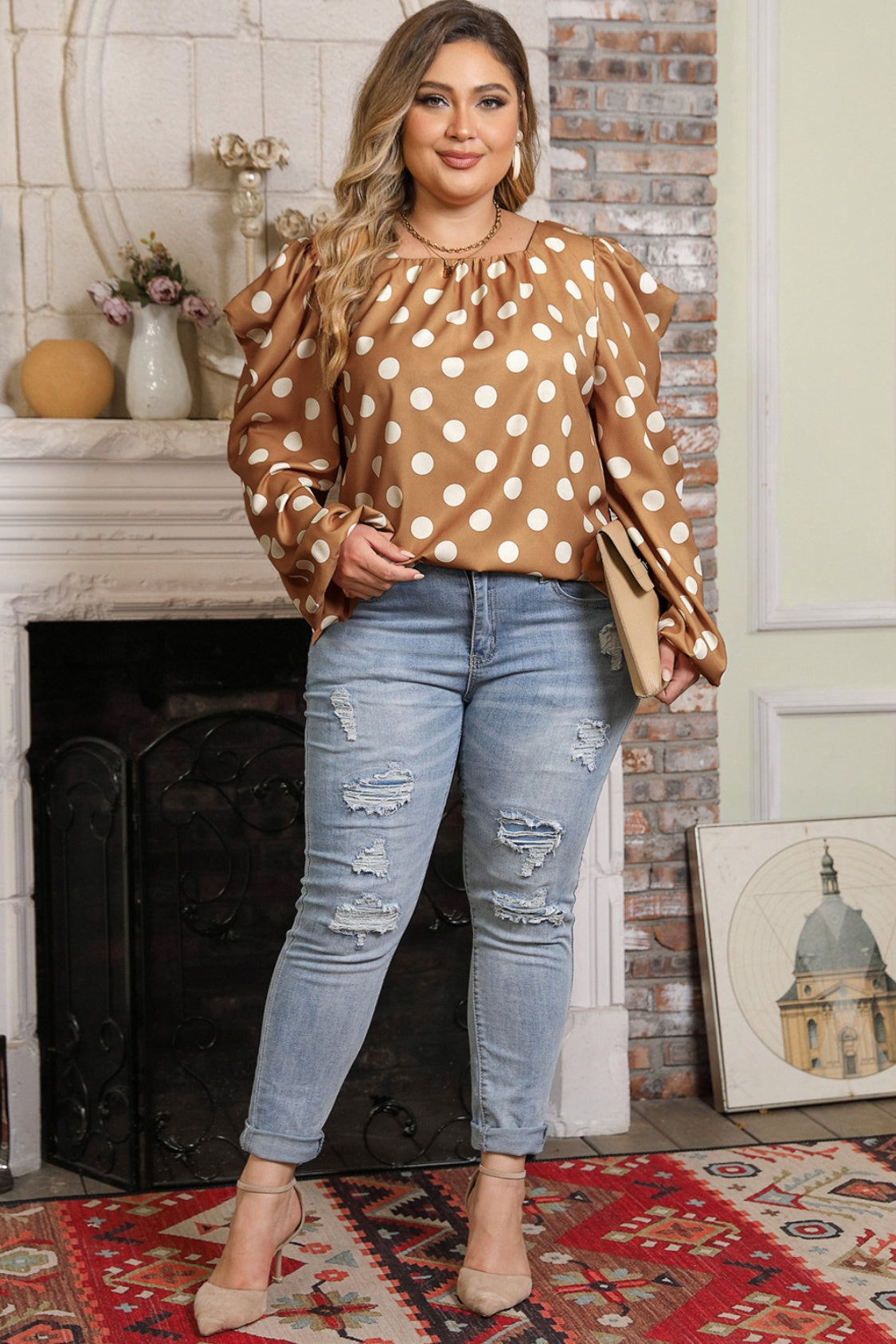 Plus Size Polka Dot Long Sleeve Blouse