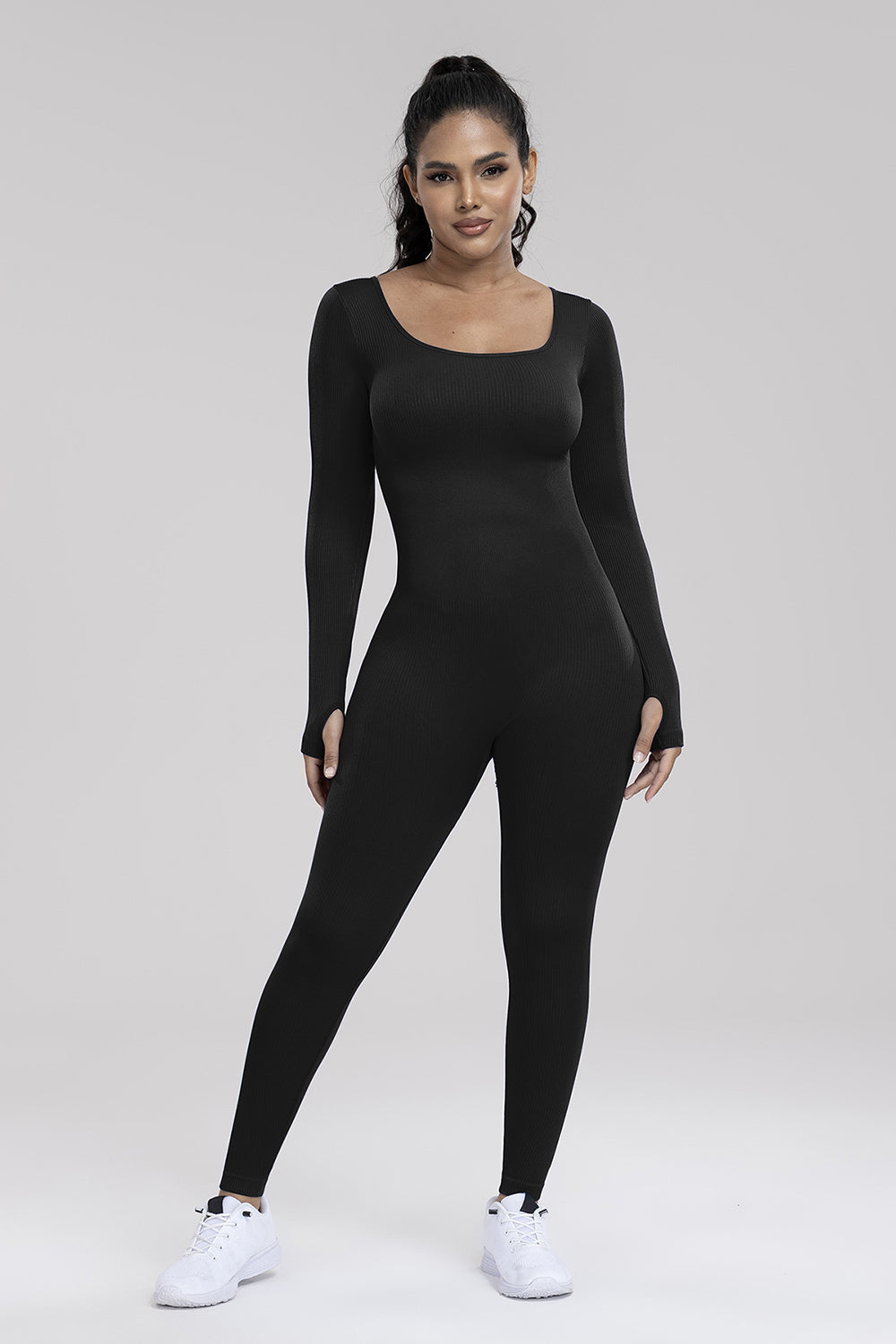 Square Neck Long Sleeve Active Jumpsuit