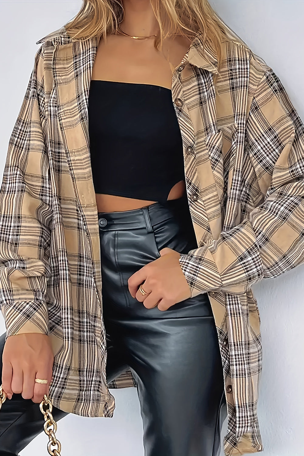 Plaid Collared Neck Long Sleeve Shirt