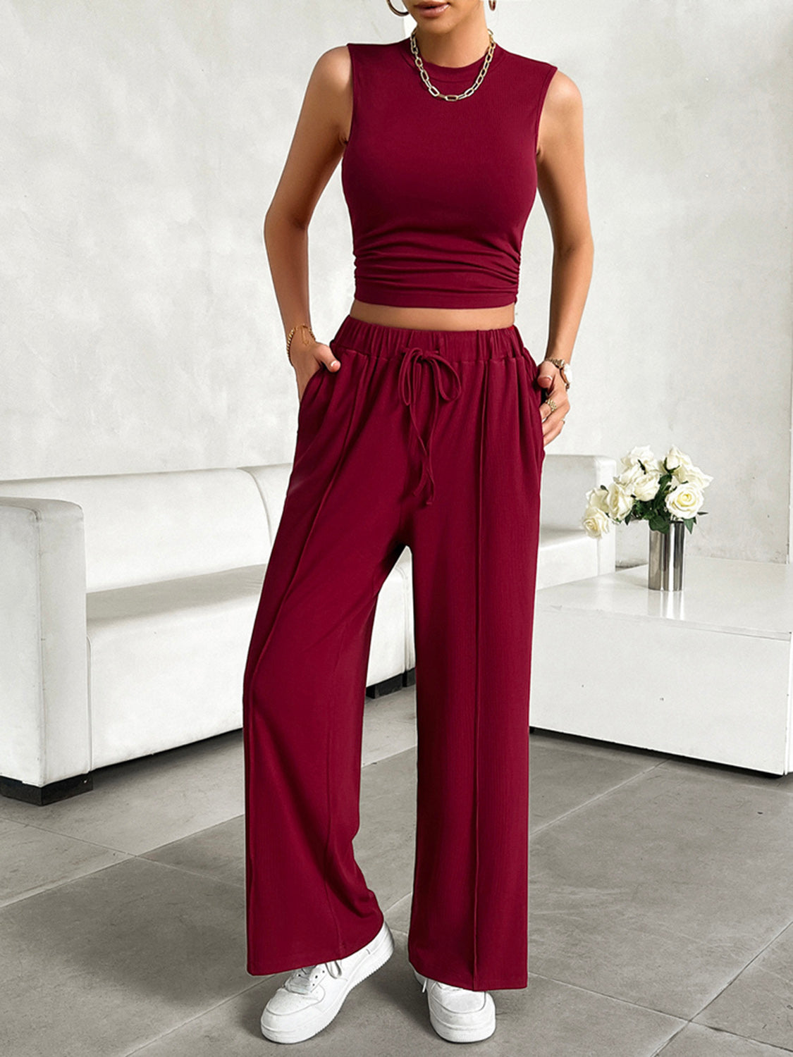 Mock Neck Sleeveless Top and Drawstring Pants Set