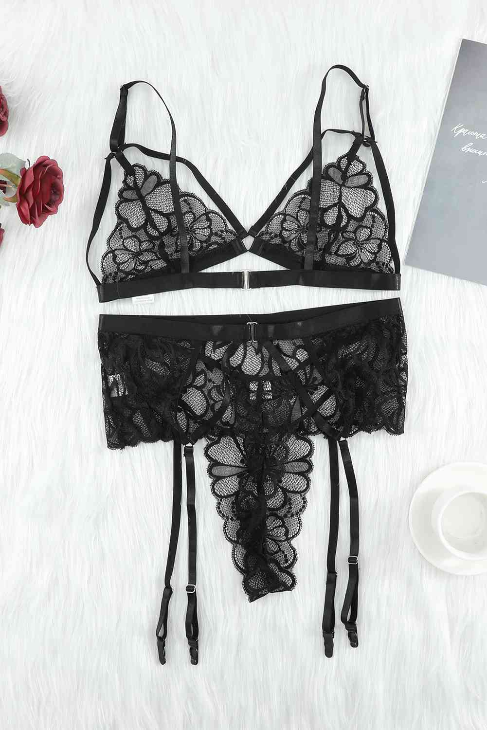 Strappy Three-Piece Lace Lingerie Set